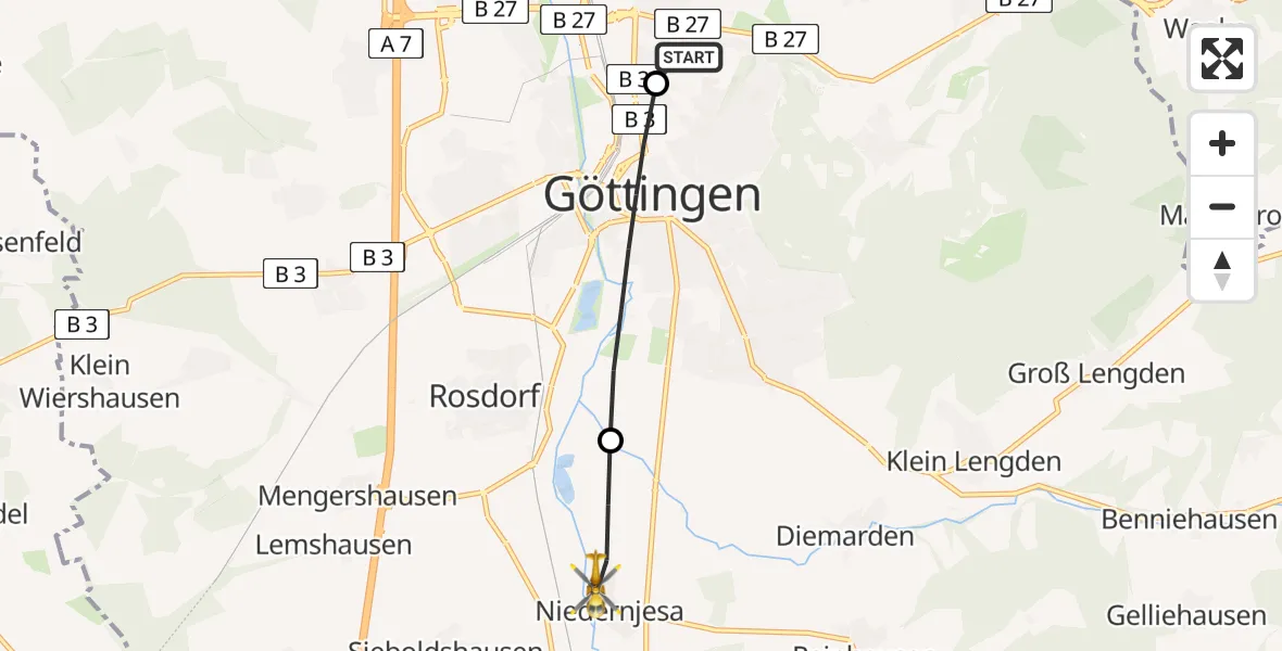 Flugroute Rettungshubschrauber Göttingen University Clinic Hubschrauberlandeplatz - Friedland, 28 Juni 2026, 16:34