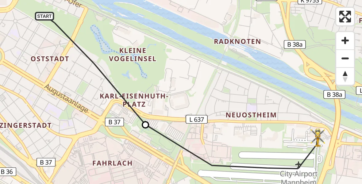 Flugroute Rettungshubschrauber Mannheim - Mannheim-City Flughafen, 28 Juni 2026, 16:36