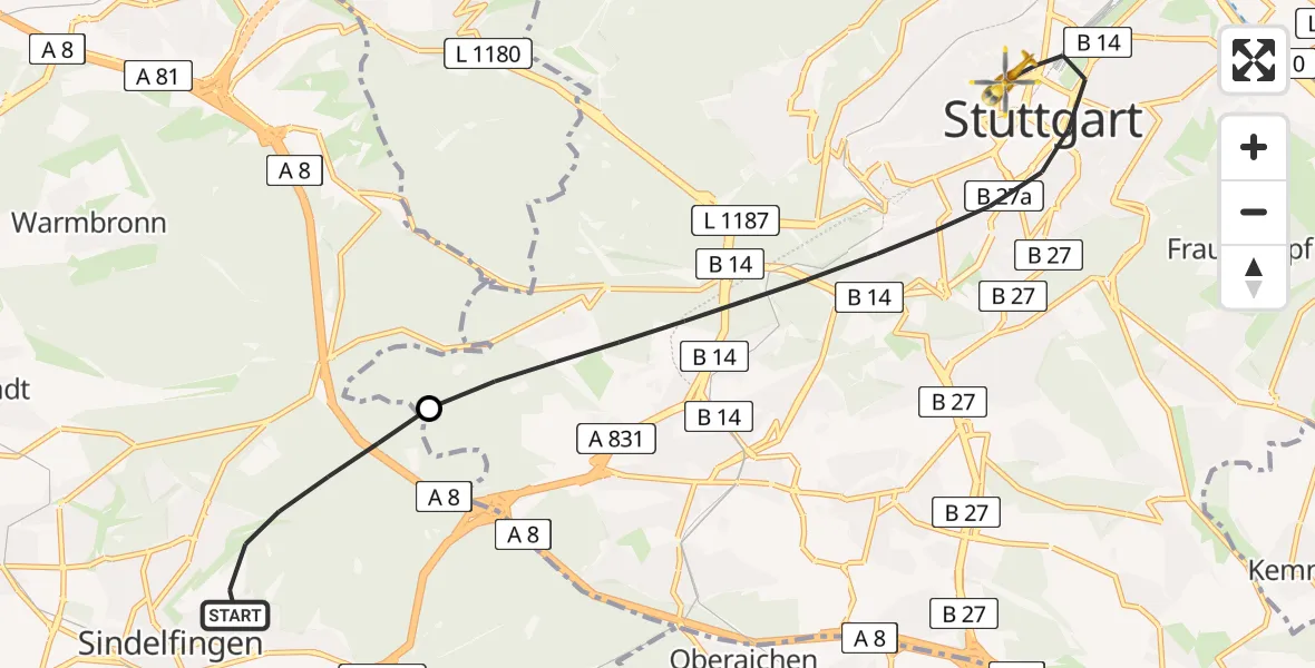 Flugroute Rettungshubschrauber Sindelfingen - Stuttgart, 28 Juni 2026, 16:38