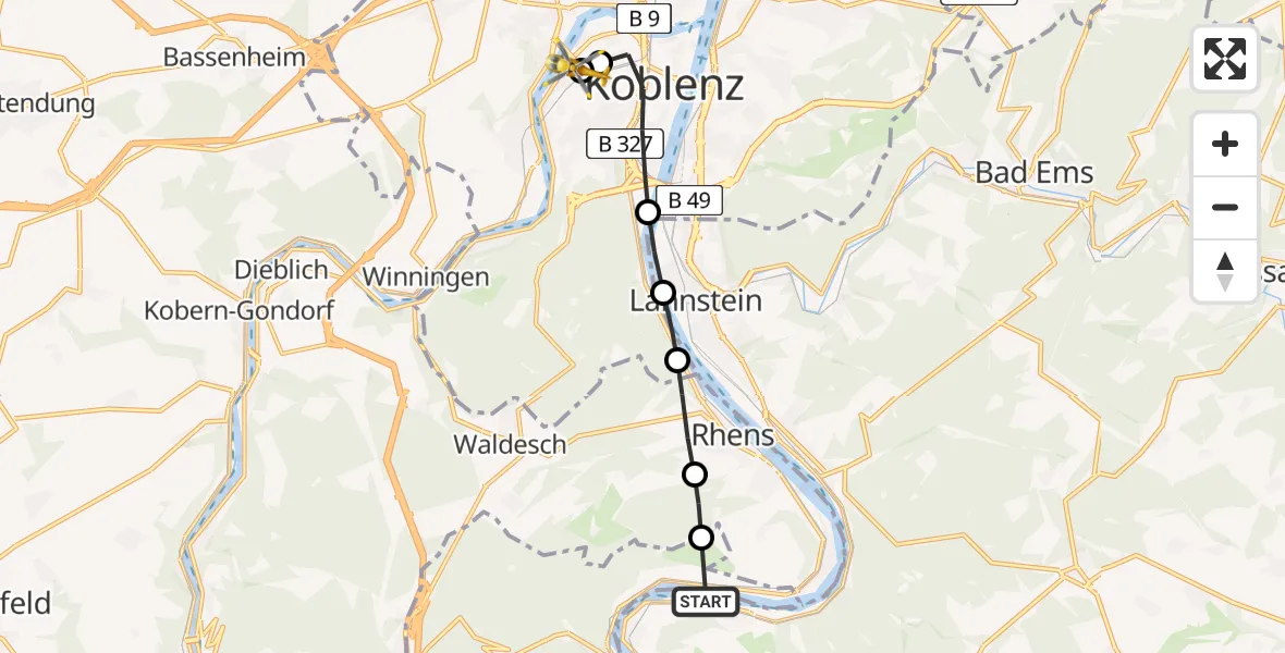 Flugroute Rettungshubschrauber Osterspai - Kemperhof Koblenz Klinikum Hubschrauberlandeplatz, 28 Juni 2026, 16:44