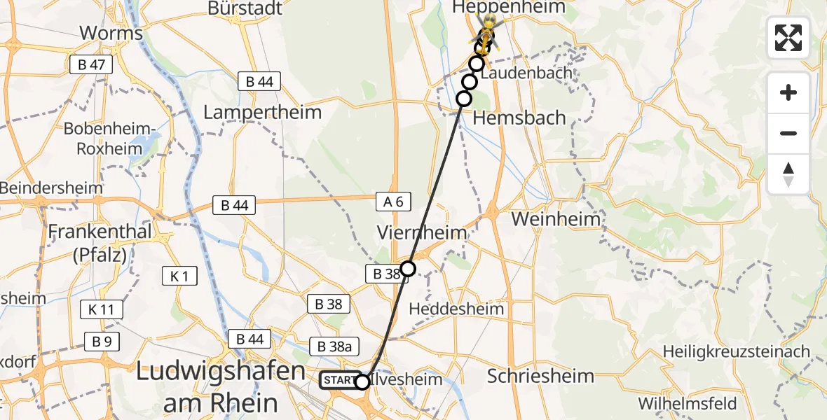 Flugroute Rettungshubschrauber Mannheim-City Flughafen - Bergstraße District Hospital, 28 Juni 2026, 16:44