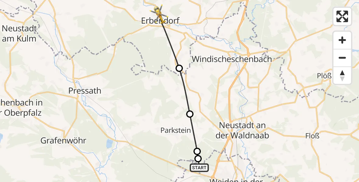 Flugroute Rettungshubschrauber Weiden i.d.OPf. - Erbendorf, 28 Juni 2026, 16:46