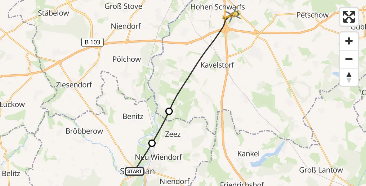 Flugroute Ambulanzhubschrauber Schwaan - Dummerstorf, 28 Juni 2026, 16:50