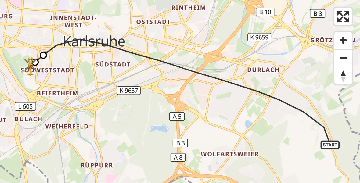 Flugroute Ambulanzhubschrauber Karlsruhe - Sankt Vincentius Hospital, 28 Juni 2026, 16:56