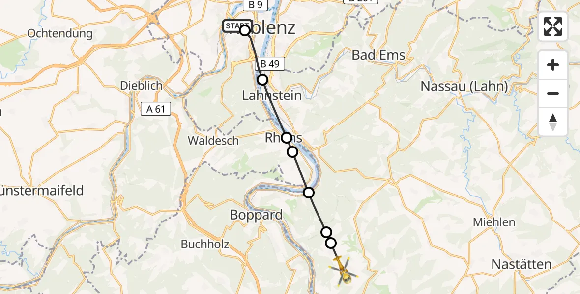 Flugroute Rettungshubschrauber Kemperhof Koblenz Klinikum Hubschrauberlandeplatz - Prath, 28 Juni 2026, 16:58