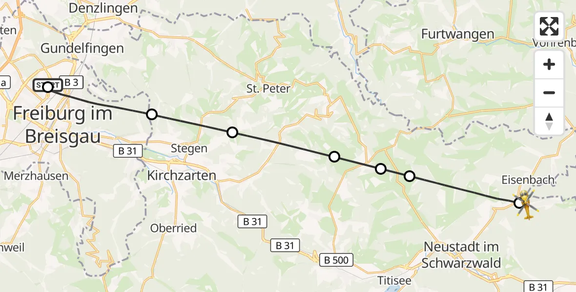 Flugroute Ambulanzhubschrauber Freiburg im Breisgau Flugplatz - Eisenbach (Hochschwarzwald), 28 Juni 2026, 16:58
