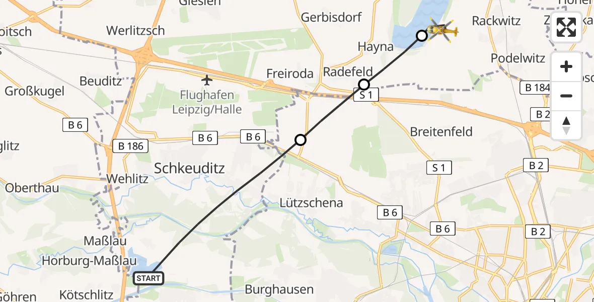Flugroute Rettungshubschrauber Schkeuditz - Rackwitz, 28 Juni 2026, 16:58