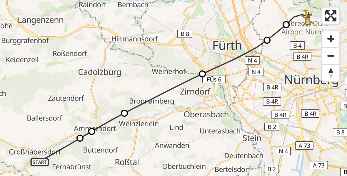 Flugroute Rettungshubschrauber Großhabersdorf - Flughafen Nuremberg, 28 Juni 2026, 16:58