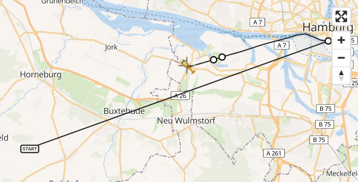Flugroute Rettungshubschrauber Harsefeld - Hamburg, 28 Juni 2026, 16:58