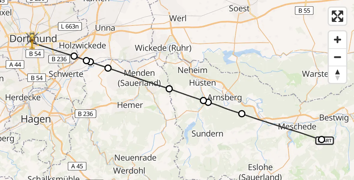 Flugroute Rettungshubschrauber Bestwig - Dortmund, 28 Juni 2026, 17:00