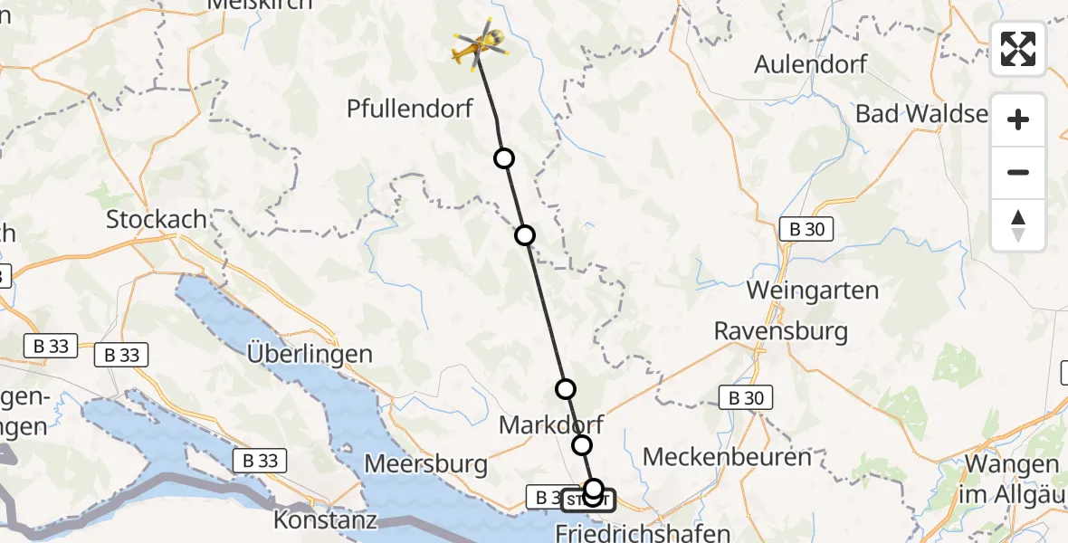Flugroute Rettungshubschrauber Friedrichshafen Hospital - Ostrach, 28 Juni 2026, 17:01