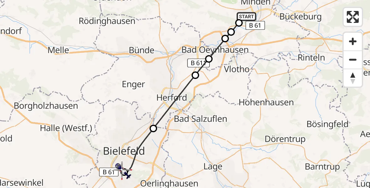 Flugroute Polizeihubschrauber Minden - Luftrettungszentrum Bielefeld, 28 Juni 2026, 17:01