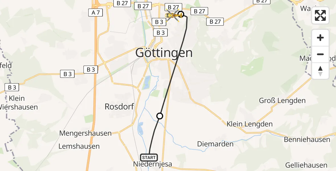 Flugroute Rettungshubschrauber Friedland - Göttingen University Clinic Hubschrauberlandeplatz, 28 Juni 2026, 17:09