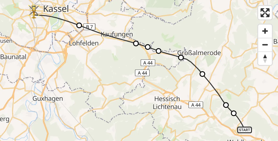 Flugroute Rettungshubschrauber Waldkappel - Kassel, 28 Juni 2026, 17:10