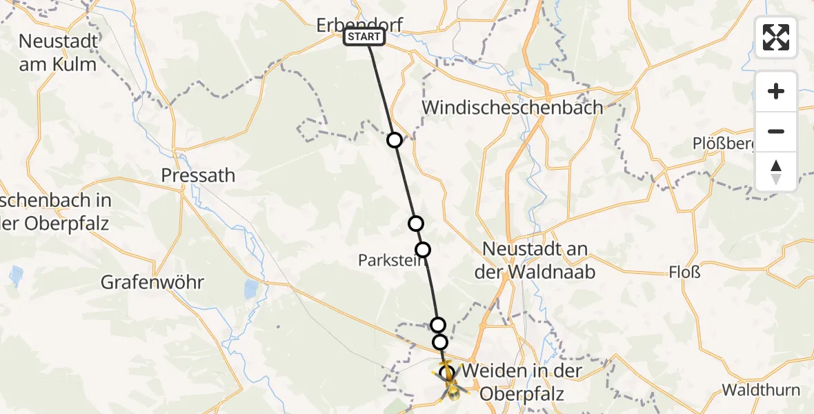 Flugroute Rettungshubschrauber Erbendorf - Weiden in der Oberpfalz Flugplatz, 28 Juni 2026, 17:15