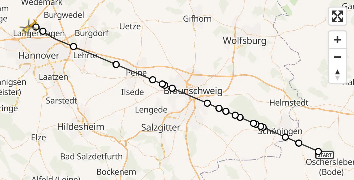 Flugroute Rettungshubschrauber Oschersleben (Bode) - Flughafen Hannover, 28 Juni 2026, 17:15