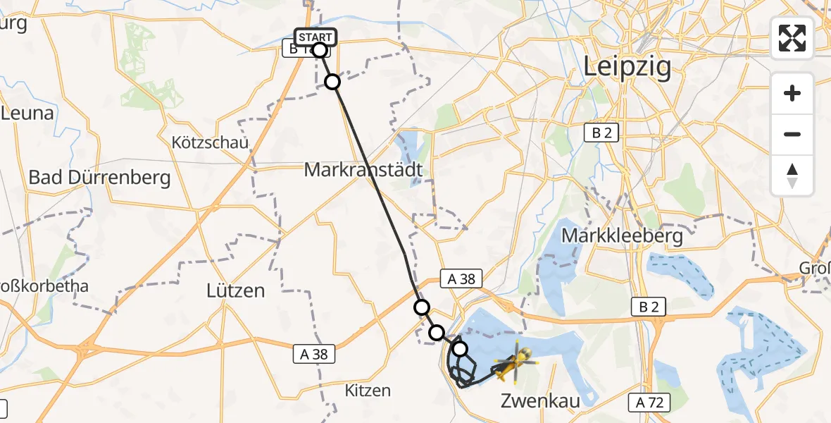 Flugroute Rettungshubschrauber ADAC Air Rescue Station Leipzig/Schkeuditz-Dölzig Hubschrauberlandeplatz (Christoph 61) - Zwenkau, 28 Juni 2026, 17:22