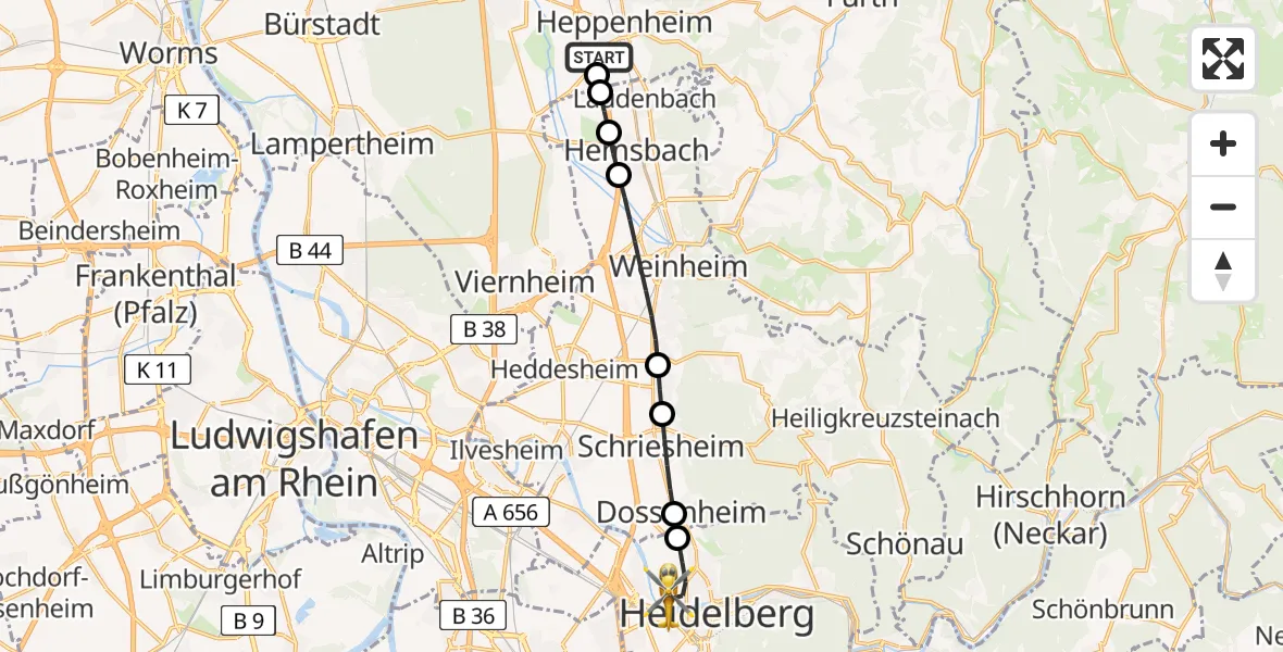 Flugroute Rettungshubschrauber Bergstraße District Hospital - Heidelberg, 28 Juni 2026, 17:25