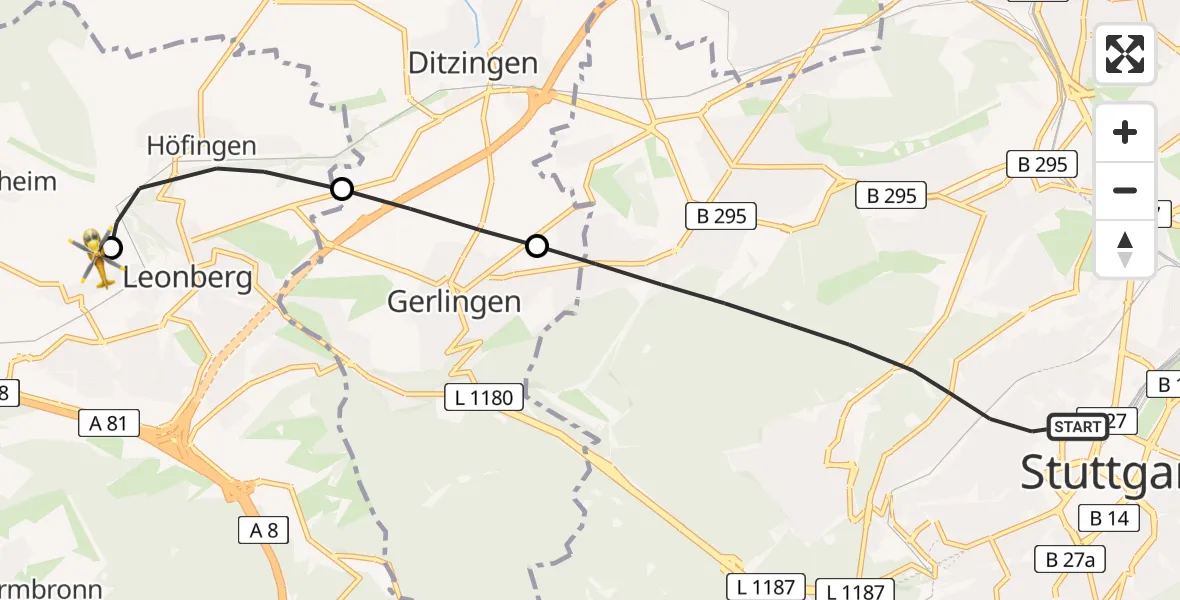 Flugroute Rettungshubschrauber Stuttgart - Leonberg Hospital, 28 Juni 2026, 17:34