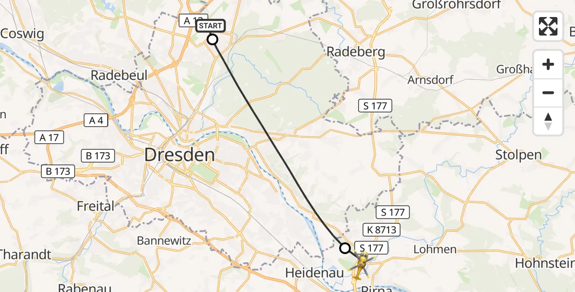 Flugroute Rettungshubschrauber Dresden Flughafen - Pirna, 28 Juni 2026, 17:36