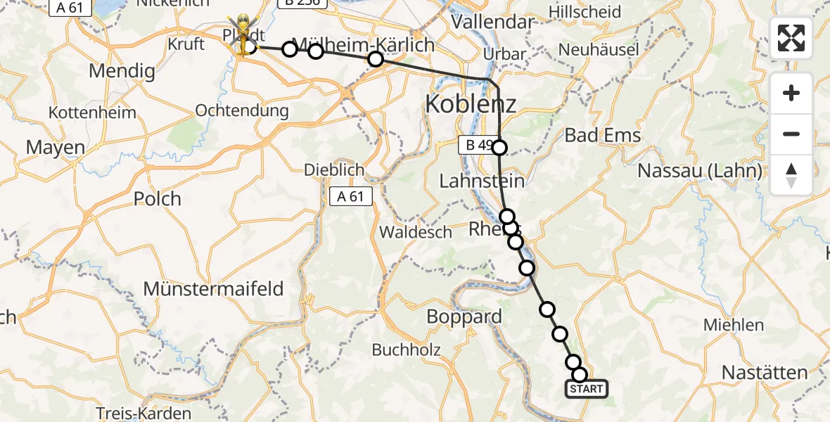 Flugroute Rettungshubschrauber Sankt Goarshausen - Plaidt, 28 Juni 2026, 17:36