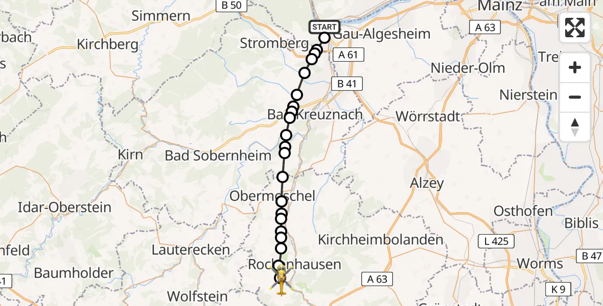 Flugroute Rettungshubschrauber Bingen am Rhein - Imsweiler UL, 28 Juni 2026, 17:38