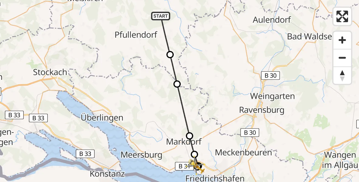 Flugroute Rettungshubschrauber Ostrach - Friedrichshafen Hospital, 28 Juni 2026, 17:38