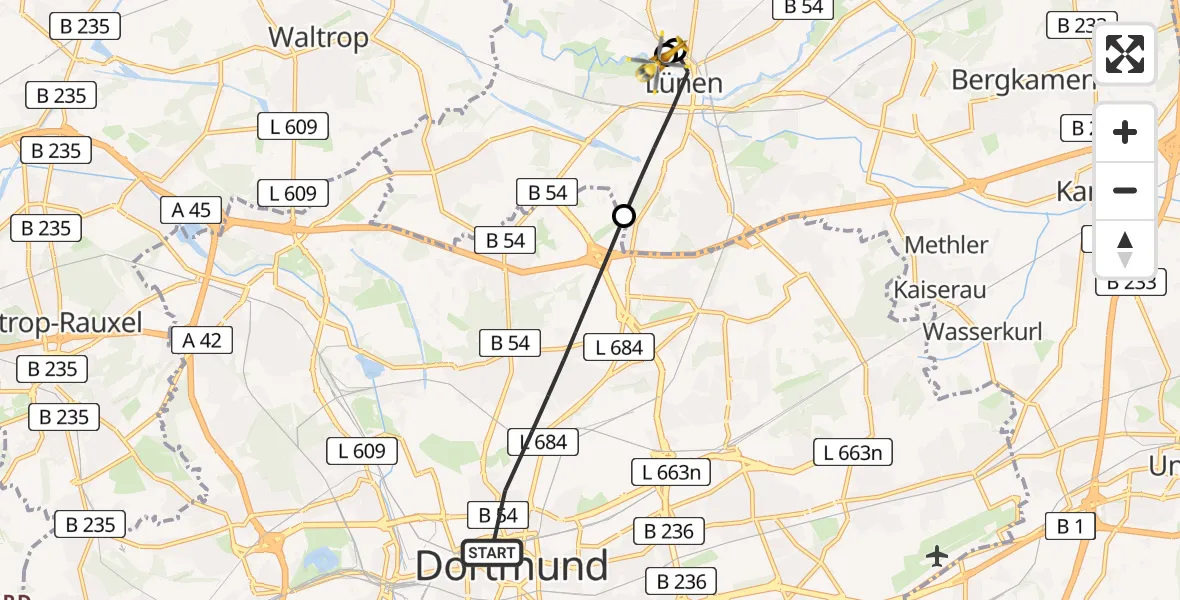 Flugroute Rettungshubschrauber Dortmund - Sankt Marien Hospital, 28 Juni 2026, 17:38