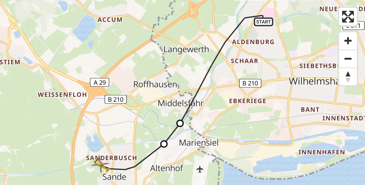 Flugroute Rettungshubschrauber Wilhelmshaven - Sande, 28 Juni 2026, 17:39