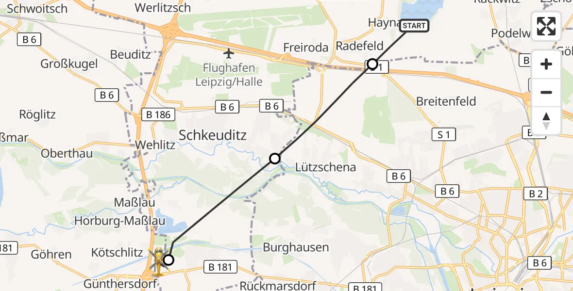 Flugroute Rettungshubschrauber Schkeuditz - ADAC Air Rescue Station Leipzig/Schkeuditz-Dölzig Hubschrauberlandeplatz (Christoph 61), 28 Juni 2026, 17:42