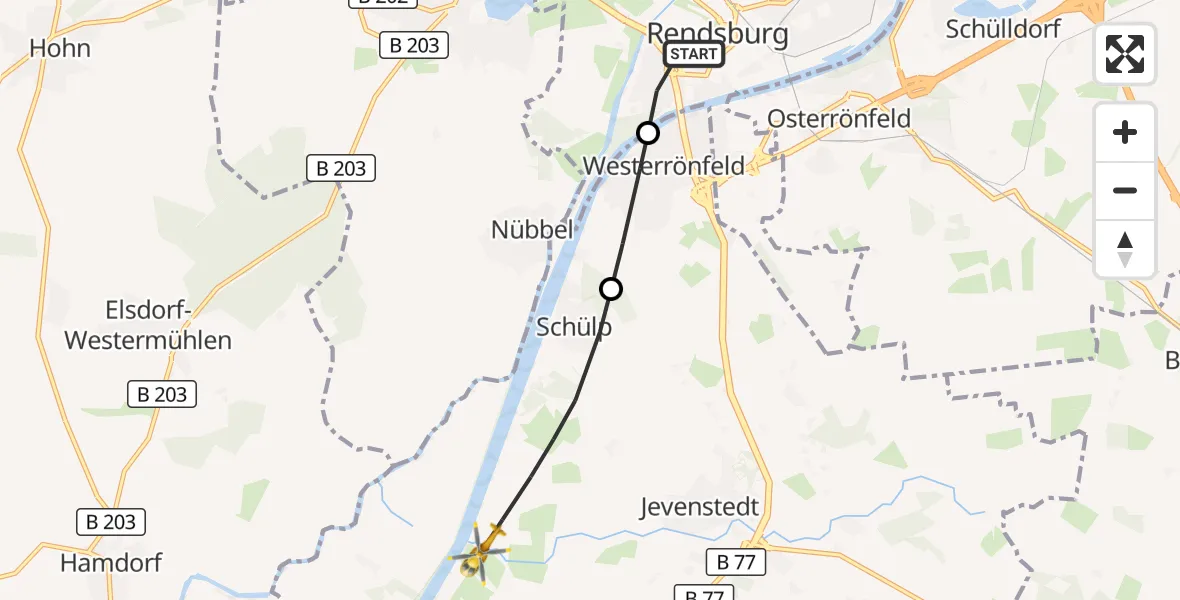 Flugroute Ambulanzhubschrauber Rendsburg - Schülp b.Rendsburg, 28 Juni 2026, 17:43