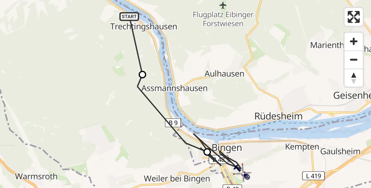 Flugroute Polizeihubschrauber Trechtingshausen - Bingen am Rhein, 28 Juni 2026, 17:48