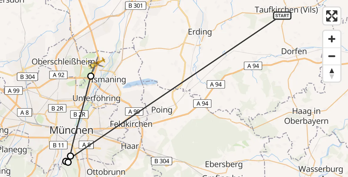 Flugroute Rettungshubschrauber Taufkirchen (Vils) - Garching b.München, 28 Juni 2026, 17:58