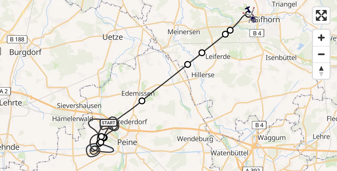 Flugroute Polizeihubschrauber Peine - Gifhorn Bundespolizei Hubschrauberlandeplatz, 28 Juni 2026, 18:00