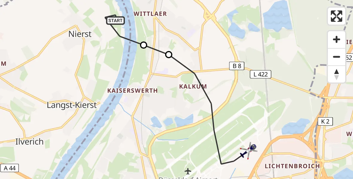 Flugroute Polizeihubschrauber Meerbusch - Düsseldorf Flughafen, 28 Juni 2026, 18:03