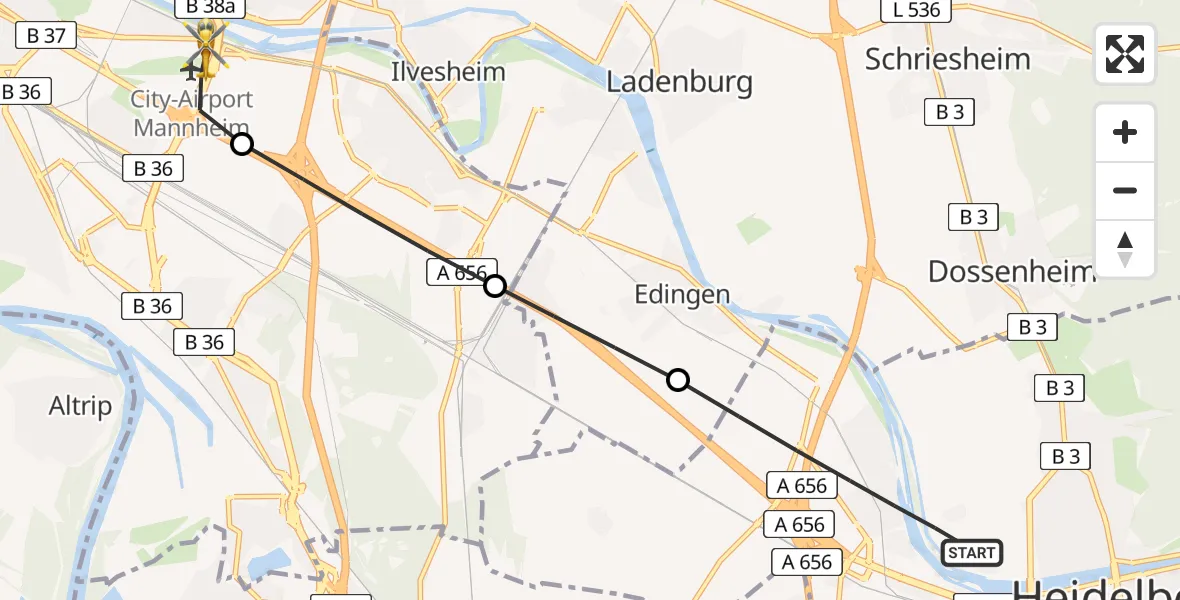 Flugroute Rettungshubschrauber Heidelberg - Mannheim-City Flughafen, 28 Juni 2026, 18:07