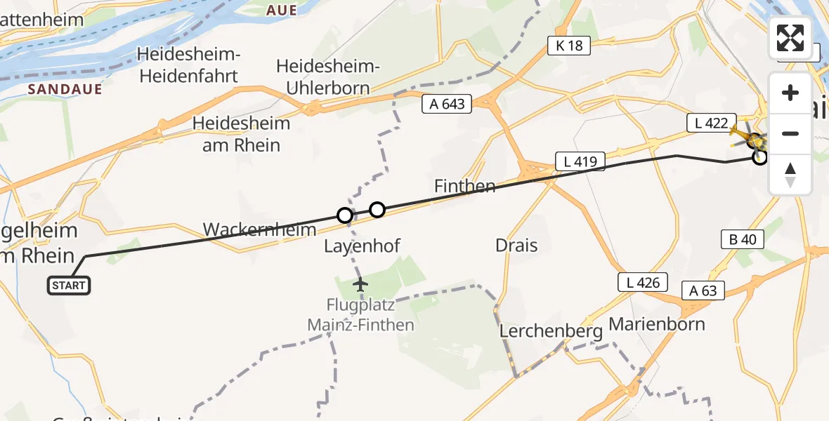 Flugroute Rettungshubschrauber Ingelheim am Rhein - Mainz University Hospital, 28 Juni 2026, 18:16