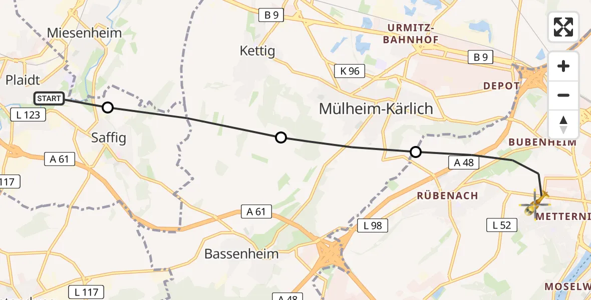 Flugroute Rettungshubschrauber Plaidt - Koblenz, 28 Juni 2026, 18:21