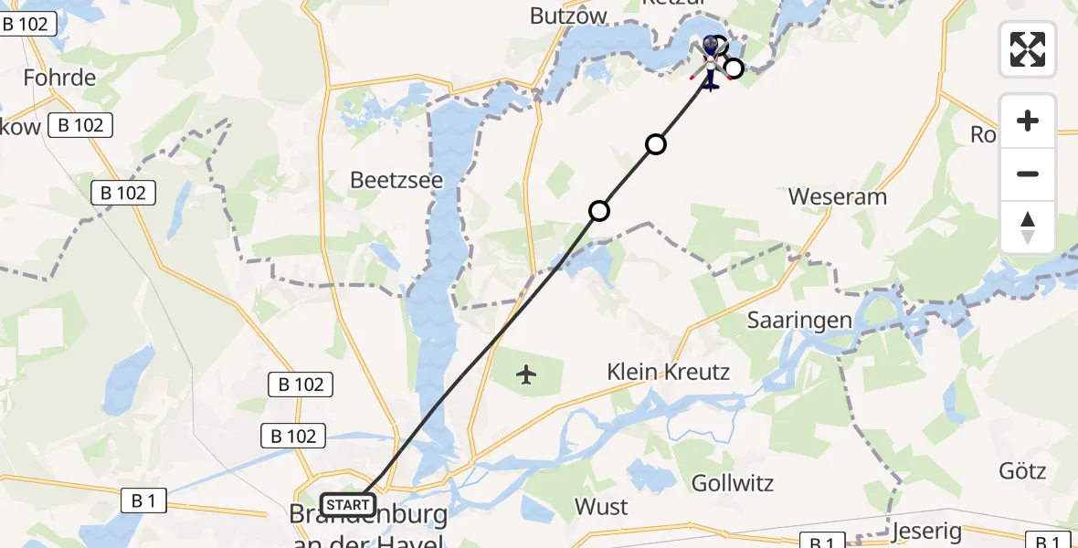 Flugroute Polizeihubschrauber Brandenburg an der Havel - Roskow, 28 Juni 2026, 18:23
