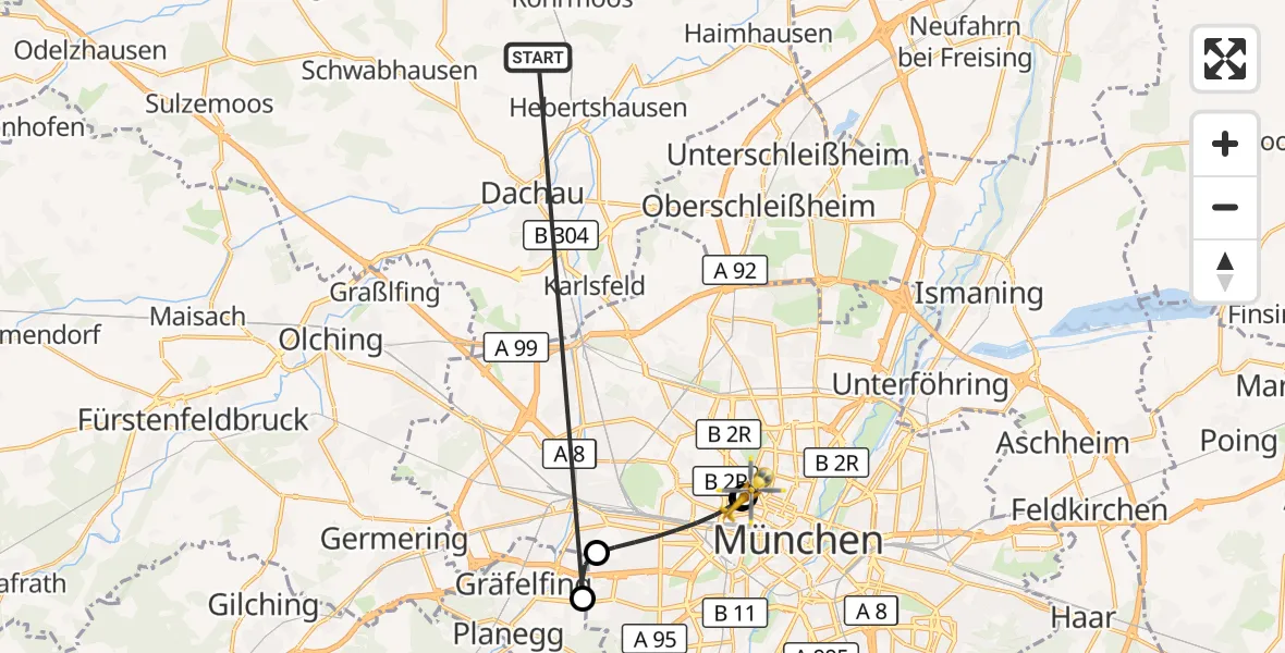 Flugroute Rettungshubschrauber Röhrmoos - Deutsches Herzzentrum München, 28 Juni 2026, 18:28