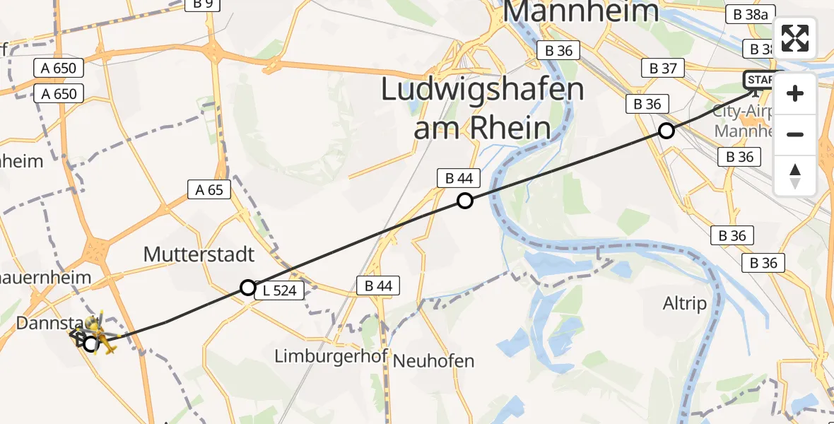 Flugroute Rettungshubschrauber Mannheim-City Flughafen - Dannstadt-Schauernheim, 28 Juni 2026, 18:29