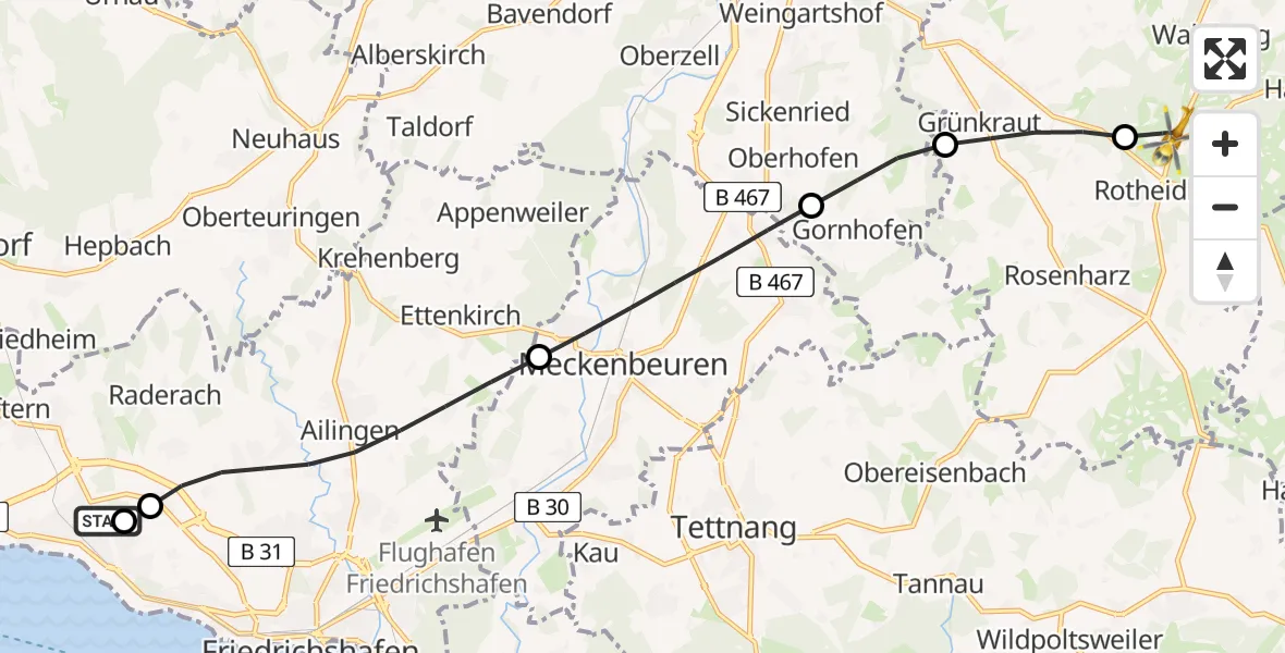 Flugroute Rettungshubschrauber Friedrichshafen Hospital - Waldburg, 28 Juni 2026, 18:34