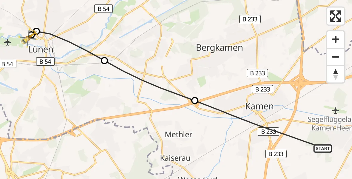 Flugroute Rettungshubschrauber Kamen - Sankt Marien Hospital, 28 Juni 2026, 18:39