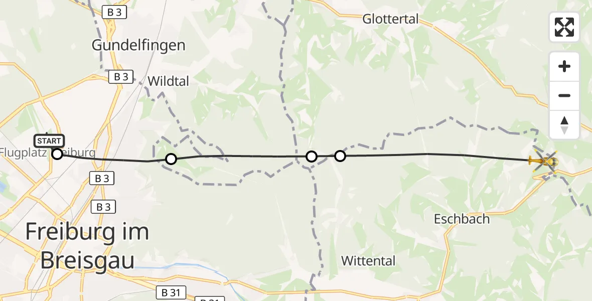 Flugroute Ambulanzhubschrauber Freiburg im Breisgau Flugplatz - Stegen, 28 Juni 2026, 18:44
