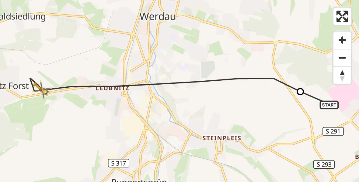 Flugroute Rettungshubschrauber ADAC Air Rescue Station Zwickau Hubschrauberlandeplatz - Werdau, 28 Juni 2026, 18:47