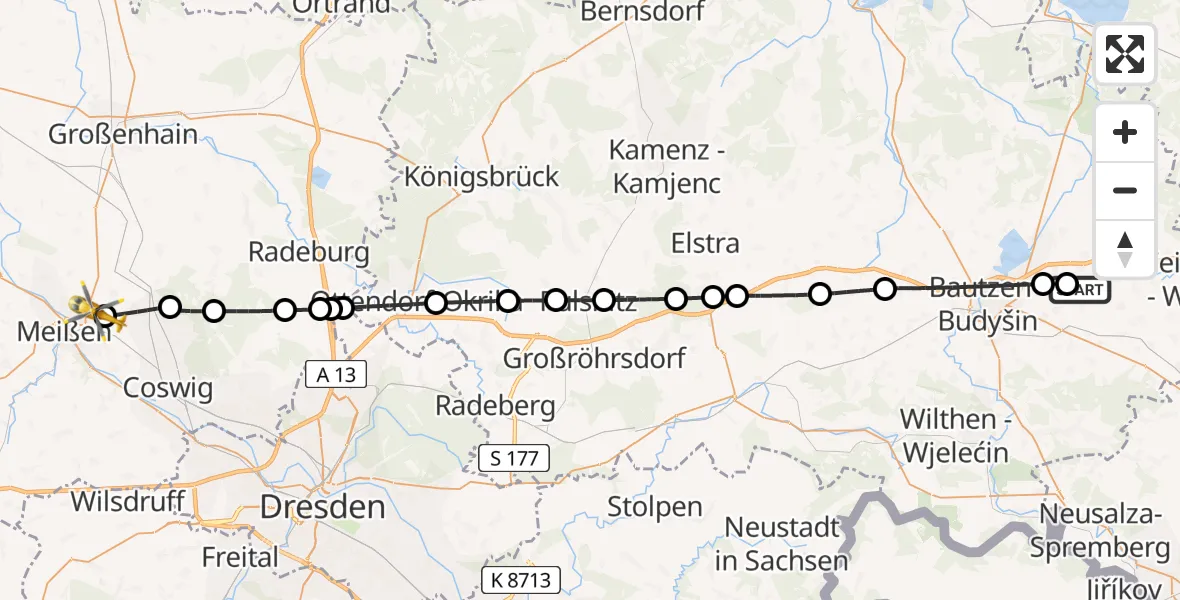 Flugroute Rettungshubschrauber Bautzen Flugplatz - Meißen, 28 Juni 2026, 18:51