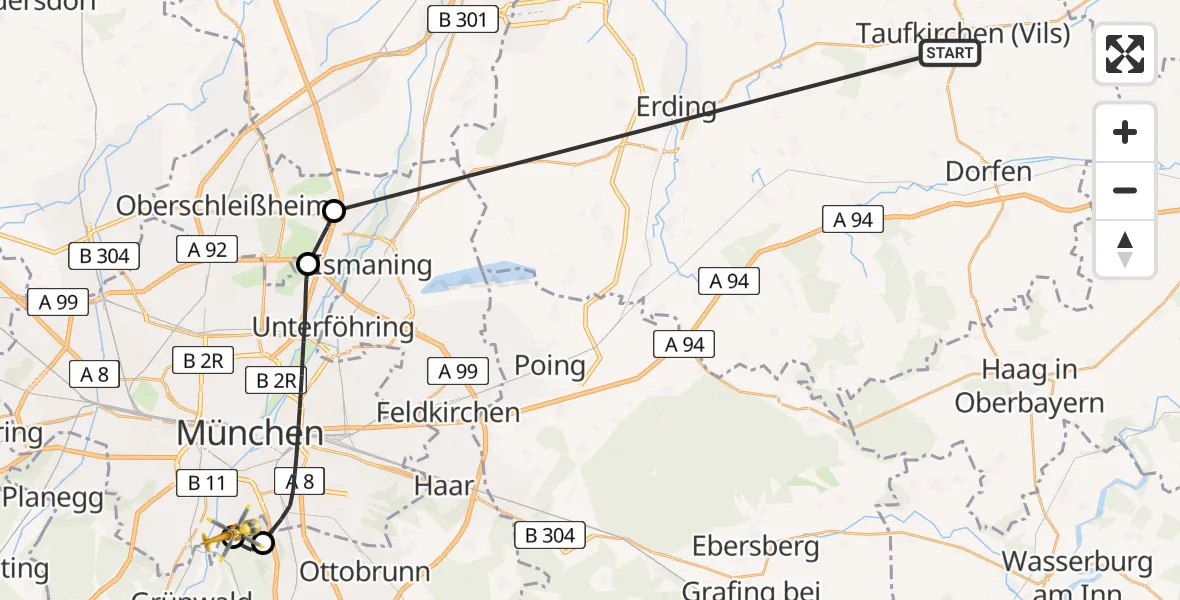 Flugroute Rettungshubschrauber Taufkirchen (Vils) - ADAC Air Rescue Center Hubschrauberlandeplatz (Christoph 1), 28 Juni 2026, 18:55