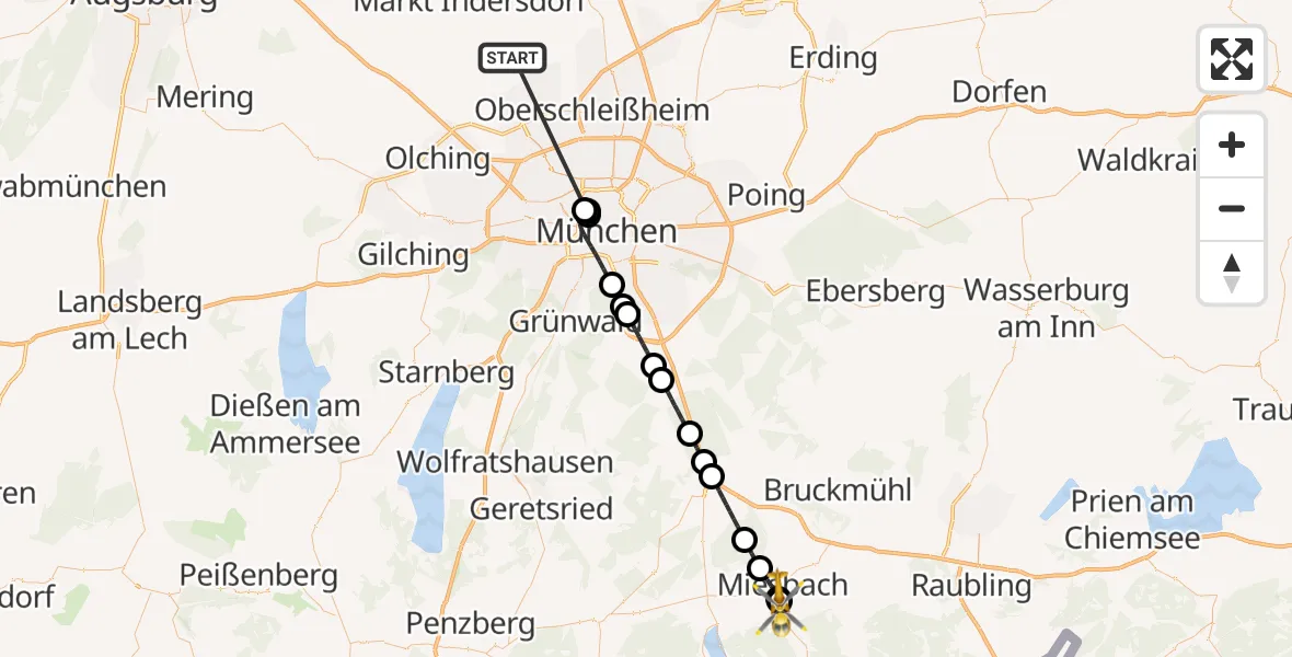 Flugroute Rettungshubschrauber Röhrmoos - Agatharied Krankenhaus Hubschrauberlandeplatz, 28 Juni 2026, 18:57