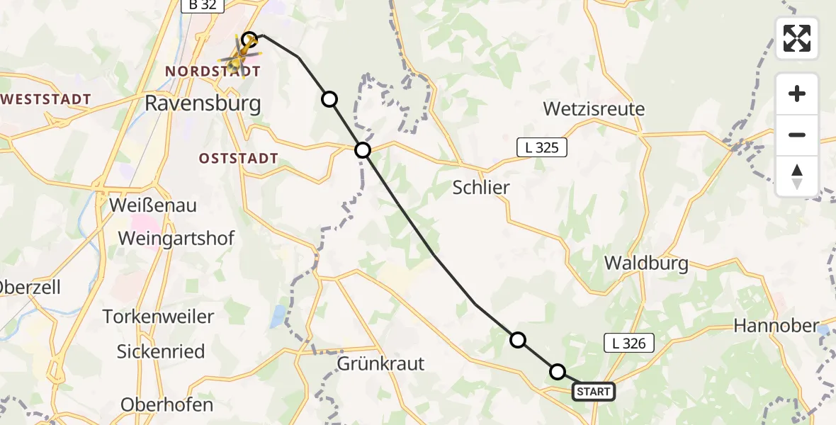 Flugroute Rettungshubschrauber Bodnegg - Sankt Elisabeth Hospital, 28 Juni 2026, 19:05