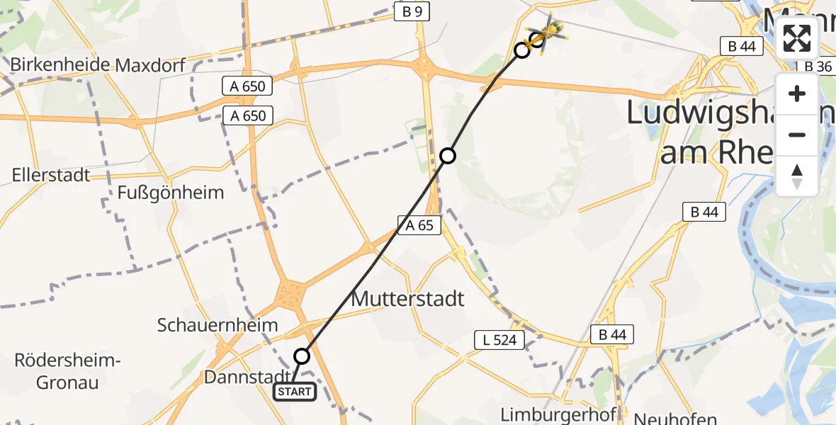 Flugroute Rettungshubschrauber Dannstadt-Schauernheim - Ludwigshafen Accident Hospital, 28 Juni 2026, 19:08